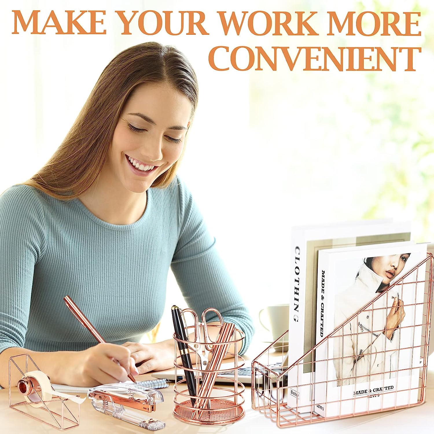 Rose Gold Desk Accessories Office Supplies Set, File Holder, Magazine File Organizer, Pen Holder, Stapler, Staple Remover, Staples, Tape Dispenser, Ballpoint Pen, Scissor, Binder Clips for Office - Image 7